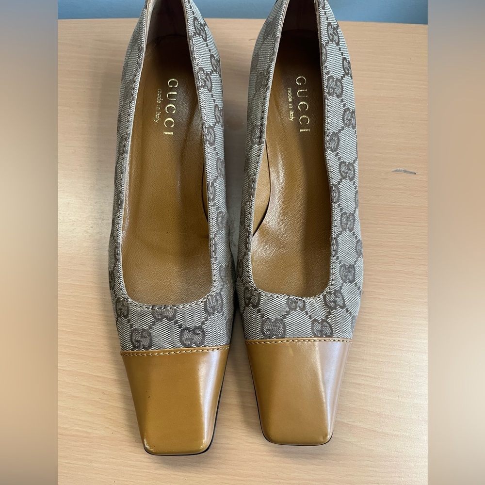 EUC Authentic Gucci Leather Canvas Square Toe Kitten Heels Size 7 1/2 B